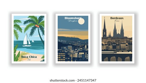 Bloomsburg, Pennsylvania, Boca Chica, Texas, Bordeaux, France - Vintage travel poster. Vector illustration. High quality prints