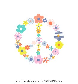 Bloomy pacific sign vector illustration isolated on white.Cute hippie peace symbol with multicoloured vibrant decorative flowers clipart. Boho childish summer t-shirt print design.