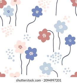 Bloomy spring flowers vector seamless pattern. Boho baby flowering white background. Decorative floret surface design for nursery and baby textile.