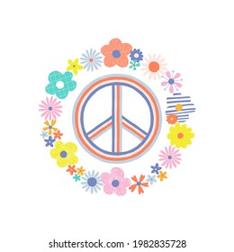 Bloomy wreath with multicoloured vibrant decorative flowers and pacific sign vector illustration. Cute hippie round frame with peace symbol clipart. Boho childish summer t-shirt print design.