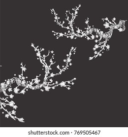 Bloosom tree branch, abstract design, black background, vector illustration