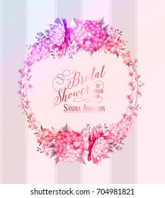 Blosoom flower wreath with calligraphic text for bridal shower invitation card. Vector illustration.