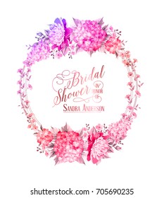 Blosoom flower wreath with calligraphic text for bridal shower invitation card. Vector illustration.