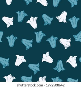 Blossom botanic floral seamless pattern with random blue and white tulip buds flower print. Dark background. Flat vector print for textile, fabric, giftwrap, wallpapers. Endless illustration.