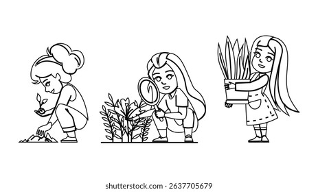 blossom botanical kid girl vector. petal leaf, bloom seedling, sprout herb blossom botanical kid girl character. people black line pencil drawing illustration