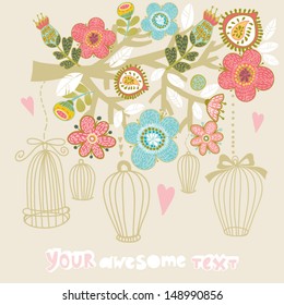 Blossom branch and cages.  Bright illustration, can be used as creating card,invitation card for wedding,birthday and other holiday and cute summer background.
