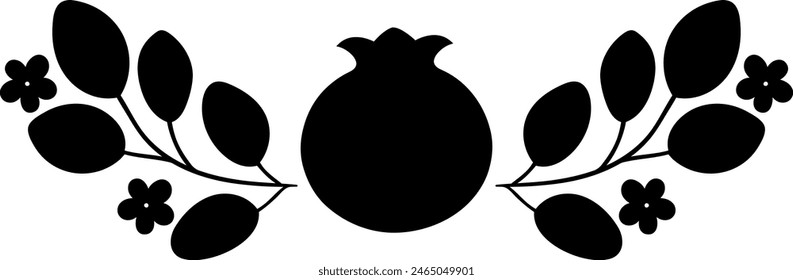 Blossom branches and pomegranat floral composition silhouette.Black Isolated vector. Use on any background