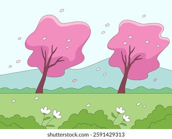 Blossom Breeze: Two vibrant pink blossom trees sway in the wind, petals dancing across a whimsical landscape with gentle hills, serene meadows, and a clear sky.