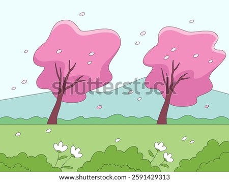 Blossom Breeze: Two vibrant pink blossom trees sway in the wind, petals dancing across a whimsical landscape with gentle hills, serene meadows, and a clear sky.