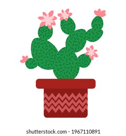 Blossom cactus in flowerpot white isolated stock vector illustration. Hand-drawn green prickly textured houseplant with little pink flowers in ceramic pot vector clipart