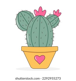 Blossom cactus in a pot. Groovy retro 70s hippie psychedelic clipart.