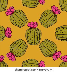 blossom cactus seamless pattern, cactus outline illustration. mexican yellow background. print design for textile.
