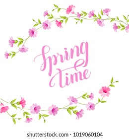 Blossom card. Spring time text over white background with wild flowers frame. Vector illustration.