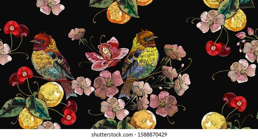 Blossom cherry flowers, birds and lemons. Horizontal seamless pattern. Fashion clothes template, t-shirt design