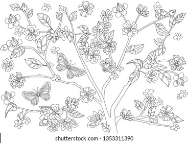 blossom cherry flying butterflies your coloring stock vector royalty free 1353311390 shutterstock