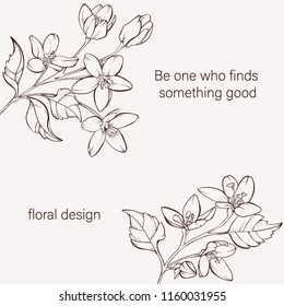 Blossom cherry  vector flowers on white.Vintage card. Hand-drawn contour lines and strokes.