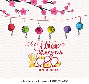 Blossom chinese new year of rat, lantern and background. Chinese characters mean Happy New Year