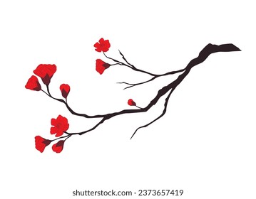 blossom of chinese plum. vector illustration. Red buds of blooming flowers sakura. Isolated on a white background.