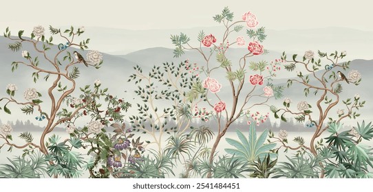 Blossom Chinoiserie, Hand painted wallpaper and fabrics, Watercolor Background, Birds.