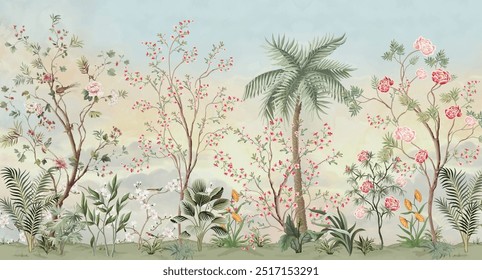 Mural de la Chinoiserie de la flor, jardín verde, mural de pared natural, flor.