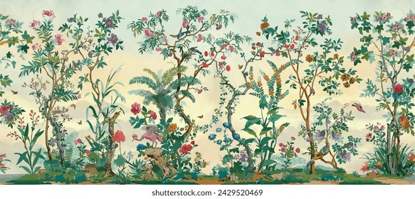 Fondo de pantalla de la CHINOISERIE de la FLOR, acuarela Árboles y fondo, pájaros.