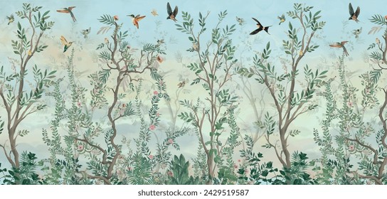 BLOSSOM CHINOISERIE Wallpaper, Watercolor Background, Birds, Watercolor Tree.