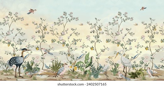Blossom Chinoisserie Mural Silver Wallpaper, Watercolor background, birds, Tropical plant
