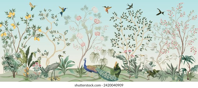 Papel mural de Chinoisserie Blossom, Aves, Pavo Real, Árbol acuático y fondo.