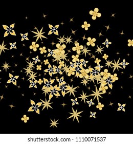 Blossom Confetti vector illustration. Scatter of golden floral elements on black background. Abstract Dynamic Motion Vector background for celebration decorations, paper packaging, textile design.