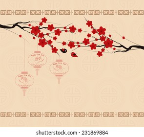 blossom floral background with red chinese lanterns