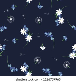 Blossom Floral pattern in the blooming botanical Motifs scattered random. Seamless vector texture. For fashion prints. Printing with in hand drawn style dark blue background