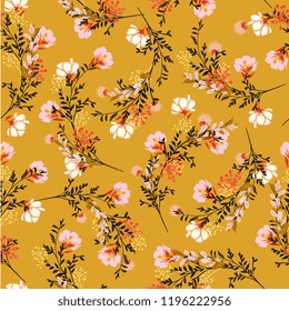 Blossom  Floral pattern in the blooming botanical  Motifs scattered random. Seamless vector texture. For fashion prints. Printing with in hand drawn style on retro yellow  background