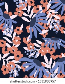 Blossom Floral pattern in the blooming botanical Motifs scattered random. Seamless vector texture. For fashion prints. Printing with in hand drawn style dark blue background
