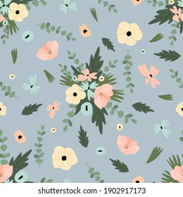 Blossom Floral pattern in the blooming botanical Motifs scattered random. Seamless vector texture. Printing with in hand-drawn style light blue background