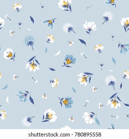 Blossom  Floral pattern in the blooming botanical  Motifs scattered random. Seamless vector texture. For fashion prints. Printing with in hand drawn style light blue background