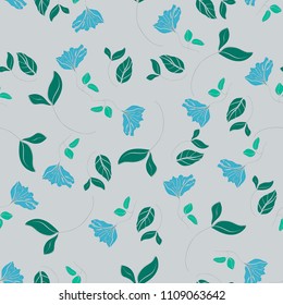 Blossom floral seamless pattern. Blooming botanical motifs scattered random. Colorful vector texture. Good for fashion prints and design. Hand drawn small blue flowers with leaves on grey background.