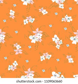 Blossom floral seamless pattern. Blooming botanical motifs scattered random. Colorful vector texture. Good for fashion prints and design. Hand drawn small bright flowers on orange background.