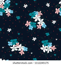 Blossom floral seamless pattern. Blooming botanical motifs scattered random. Colorful vector texture. Good for fashion prints. Hand drawn small flowers on dark blue background with polka dots