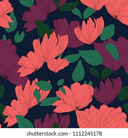 Blossom floral seamless pattern. Blooming botanical motifs scattered random. Colorful vector texture. Good for fashion prints. Hand drawn pink and purple flowers with leaves on dark blue background