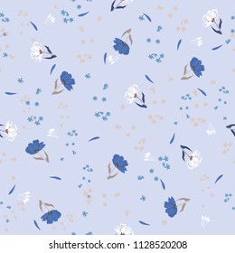 Blossom floral seamless pattern. Blooming botanical motifs scattered random. Trendy colorful vector texture. Good for fashion. Ditsy print. Hand drawn small flowers on blue background 
