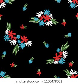 Blossom floral seamless pattern. Blooming botanical motifs scattered random. Trendy colorful vector texture. Good for fashion. Ditsy print. Hand drawn small flowers with leaves on black background 
