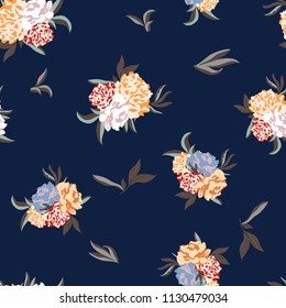 Blossom floral seamless pattern. Blooming botanical motifs scattered random. Trendy colorful vector texture. Good for fashion. Ditsy print. Hand drawn peony flowers on dark blue background 
