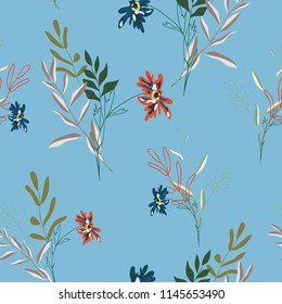 Blossom floral seamless pattern. Blooming botanical motifs scattered random. Vector texture with doodle elements. Good for fashion prints. Hand drawn flowers with leaves, branches on blue background
