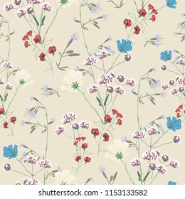 Blossom floral seamless pattern. Blooming botanical motifs scattered random. Vector texture with doodle elements. Good for fashion prints. Hand drawn wild flowers and branches on light background