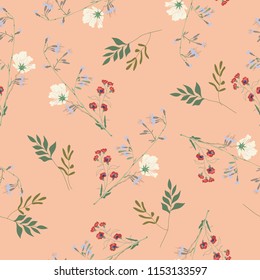 Blossom floral seamless pattern. Blooming botanical motifs scattered random. Vector texture with doodle elements. Good for fashion prints. Hand drawn wild flowers and branches on beige background