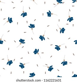 Blossom floral seamless pattern. Blooming botanical motifs scattered random. Colorful vector texture. Good for fashion prints. Hand drawn small blue flowers on white background 