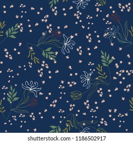 Blossom floral seamless pattern. Blooming botanical motifs scattered random. Colorful vector texture. Good for fashion prints. Hand drawn small wild flowers on dark blue background 