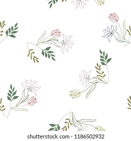 Blossom floral seamless pattern. Blooming botanical motifs scattered random. Colorful vector texture. Good for fashion prints. Hand drawn small wild flowers on white background 