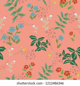 Blossom floral seamless pattern. Blooming botanical doodle plants scattered random. Colorful vector texture. Good for fashion prints, design. Hand drawing flowers, leaves, branches on pink background