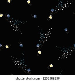 Blossom floral seamless pattern. Blooming botanical motifs scattered random. Trendy colorful vector texture. Good for fashion. Ditsy print. Hand drawn small flowers on black background. Retro style
